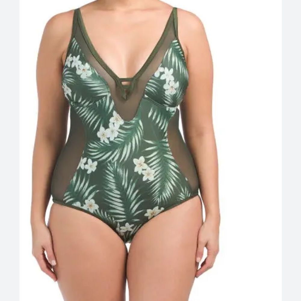 Marilyn Monroe Tropical Floral One Piece Mesh One-Piece Bathing Suit - 14
